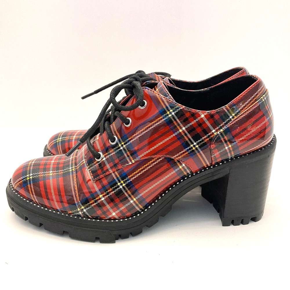 Jessica Simpson Resina Heeled Oxfords Red Plaid Patent Faux Leather Womens 7 M - Picture 6 of 11